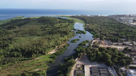 wide revealing drone footage of the reserva ecologica municipal estero in san jose del cabo baja california sur mexico, wetlands and maritime forest with the ocean in the distance