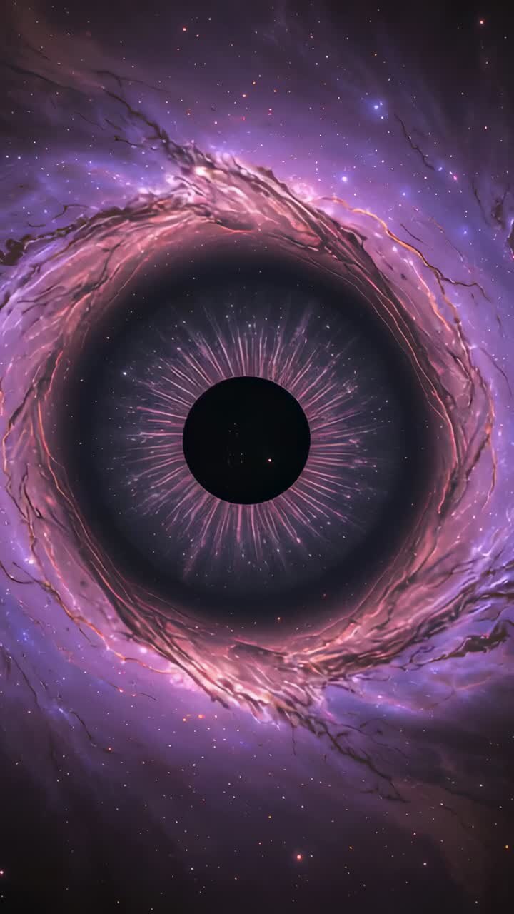 Vertical video: Rotating vortex amid stars with radiating halo powering light spokes, nebular ring