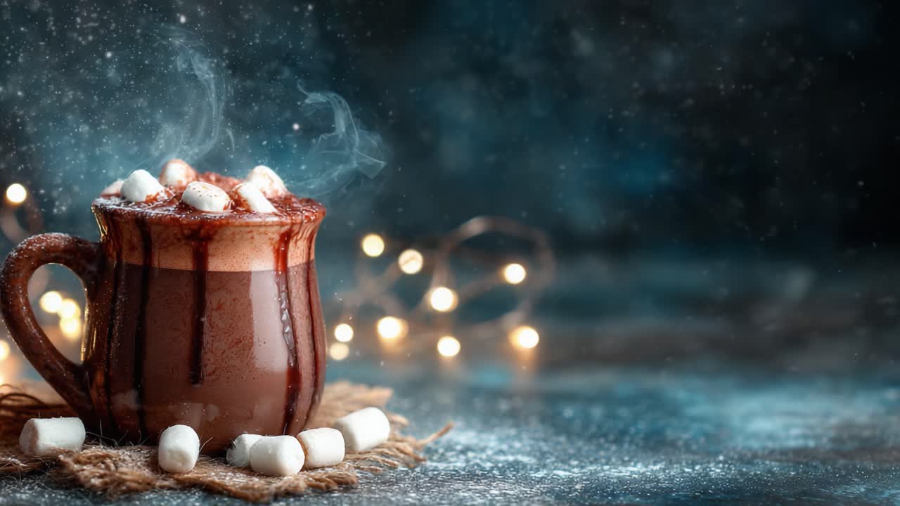 A Warm and Cozy Mug of Rich Hot Chocolate Topped with Marshmallows and Drizzled with Sweet Chocolate Sauce Amidst a Magical Winter Backdrop