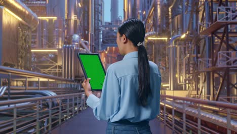 back view of an asian female professional worker standing at a vast oil refinery, checking on tablet with green screen and look at the factory once