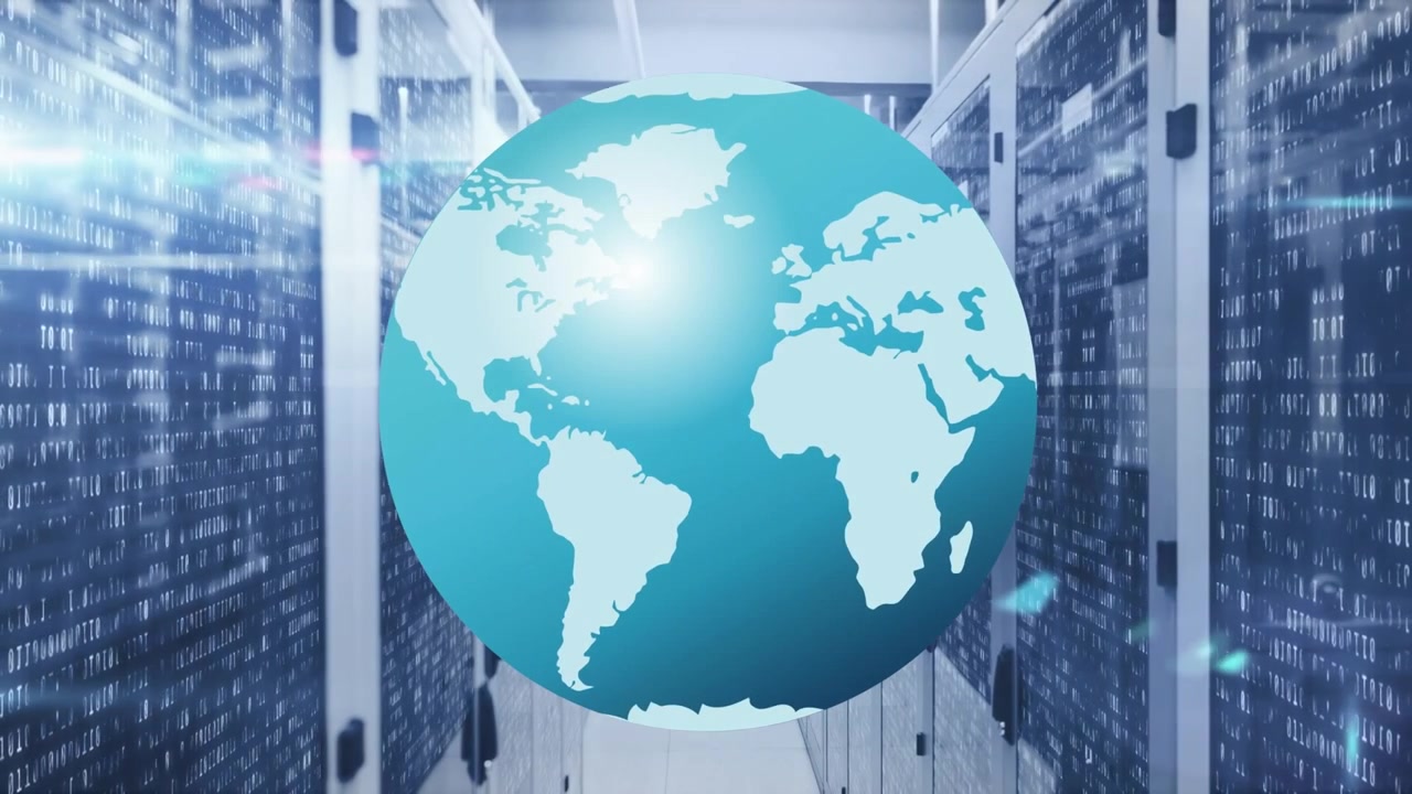 Animation of data processing and globe over server room