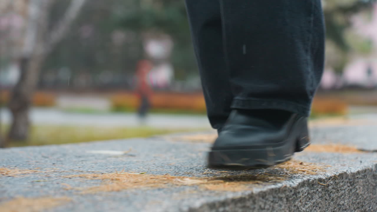 Leg of person in black trousers and black boots carefully walking on wide wet stone path during rainy autumn day with fallen pine needles scattered around and blurred park scenery in background