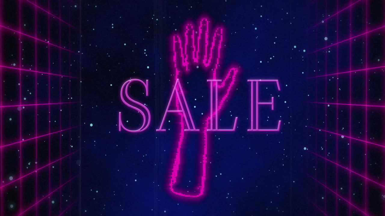 Animation of neon pink SALE text with hand graphic over starry night background