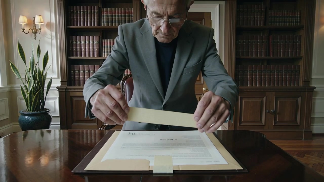 Leaning forward, senior in grey blazer and glasses aligning tape on folder at library