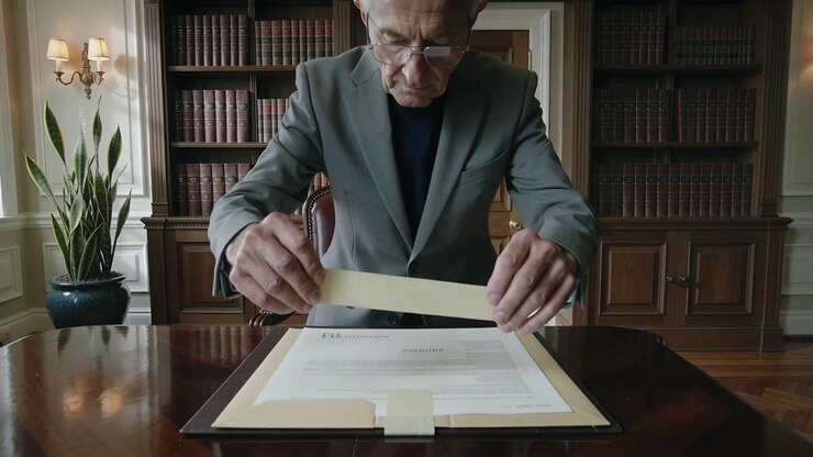 Leaning forward, senior in grey blazer and glasses aligning tape on folder at library