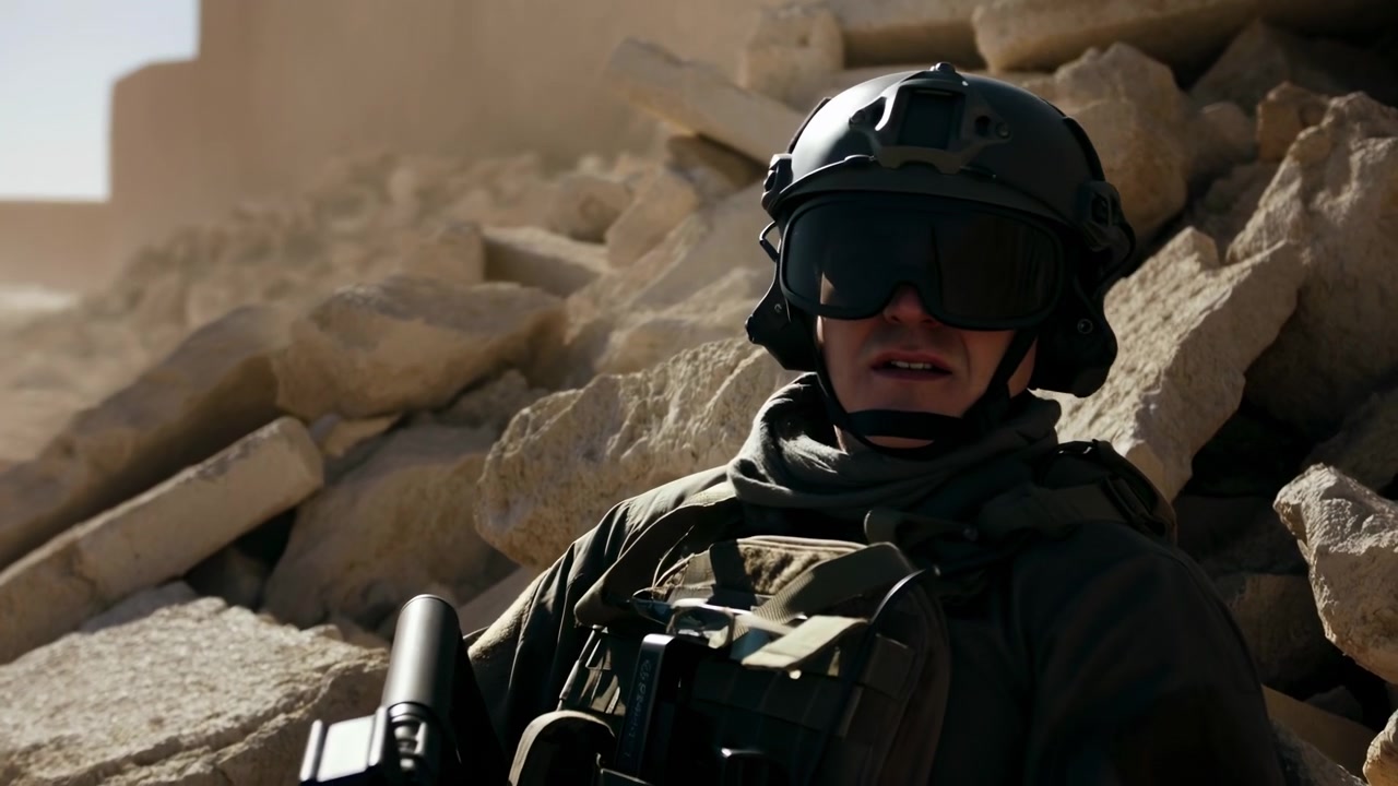 Protective goggles and dark gear frame a seated figure resting against debris as their gaze shifts across the scene, with rough masonry and sunlit dust filling the background.