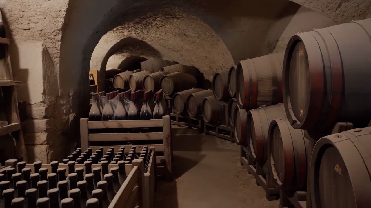 Traditional Wine Cellar with Barrels and Bottles
