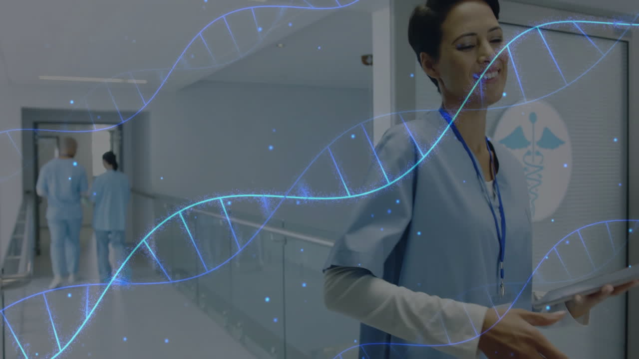Operatrice sanitaria che esamina dati medici nel corridoio dell'ospedale, con una sovrapposizione di un'elica di DNA luminosa