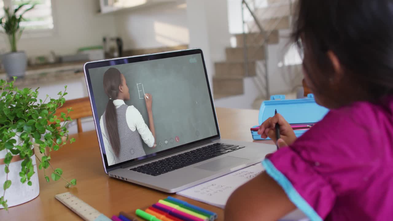 Menina afro-americana fazendo a lição de casa enquanto faz uma videochamada com uma professora feminina no laptop em casa.