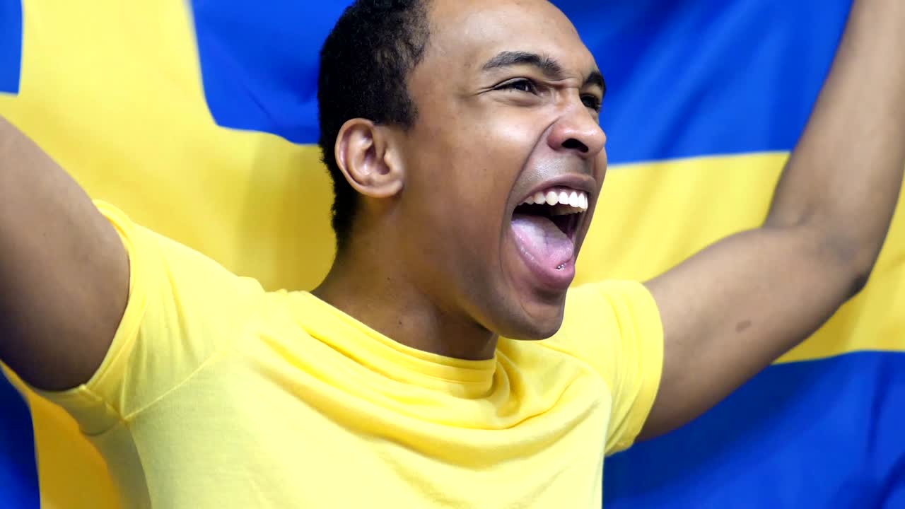 스웨덴의 발을 느린 동작으로 들고 축하하는 스웨덴 팬