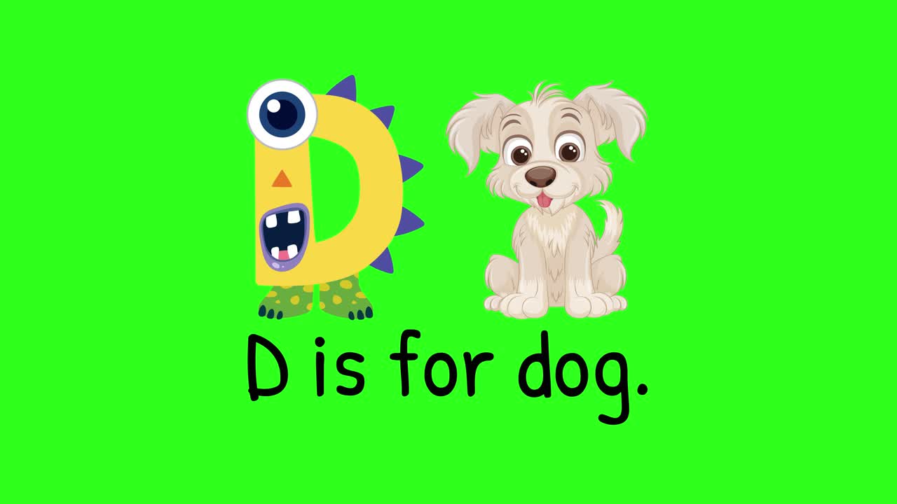 Bright, playful animation introducing the letter D with a cartoon dog and vibrant colors