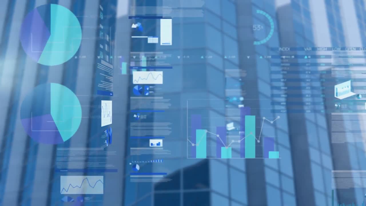 Animation of financial data processing over cityscape