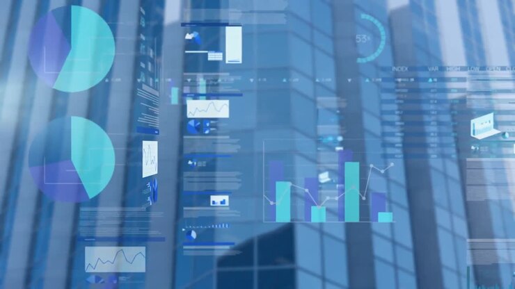 Animation of financial data processing over cityscape