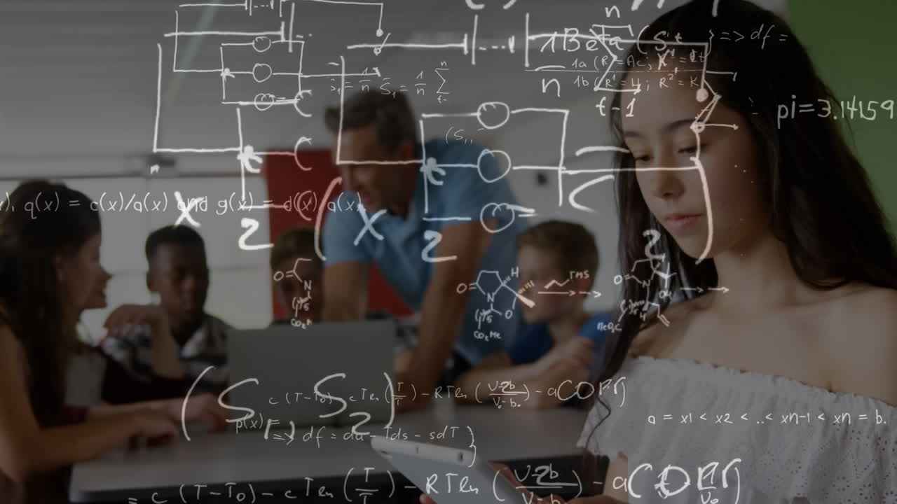 Animation of over equations over schoolgirl using tablet