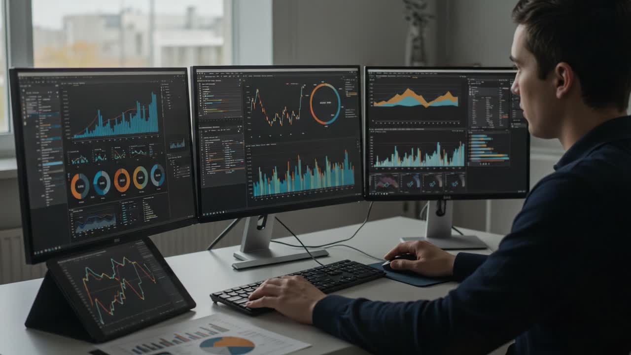 A focused individual analyzes financial data and market trends using multiple computer screens in a modern workspace, highlighting effective data visualization and decision-making