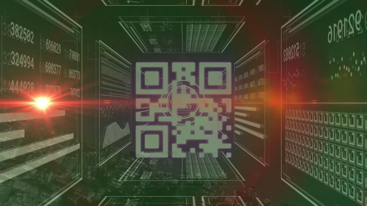 Animation of light trails with qr code over cityscape