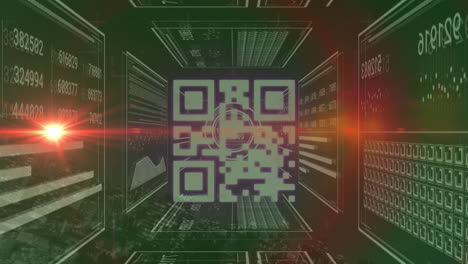 animación de senderos de luz con código qr sobre el paisaje urbano.