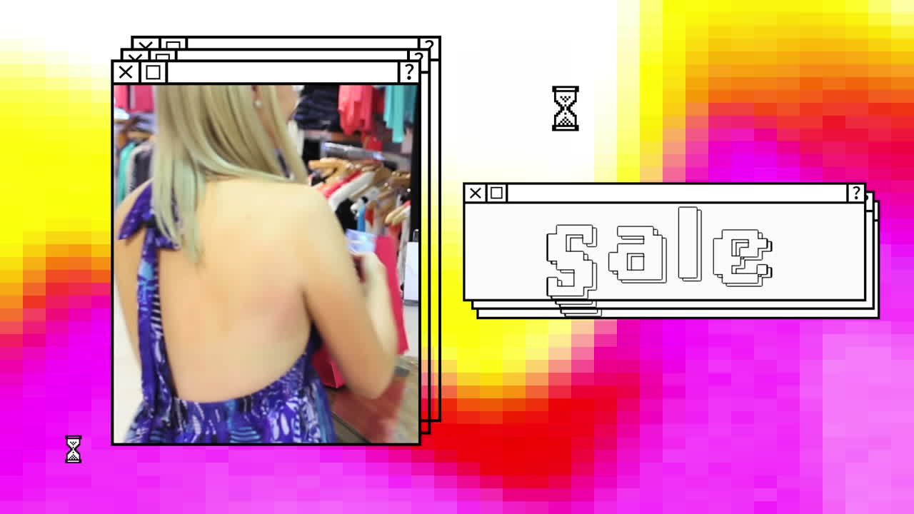 animación del texto de venta en una ventana apilada, con una mujer pagando en el mostrador en una tienda de ropa
