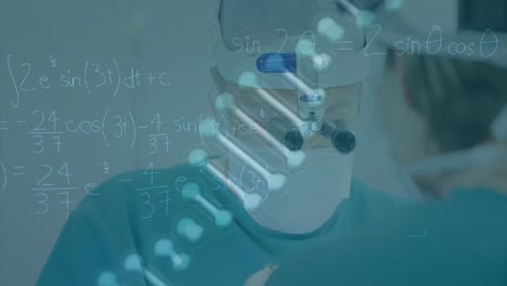 animación de cadena de adn y procesamiento de datos sobre cirujano caucásico masculino con máscara facial