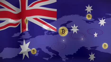 bitcoin symbols and australian flag animation over world map