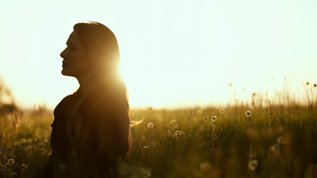 Silhouette di donna seduta in un campo all'ora d'oro del tramonto