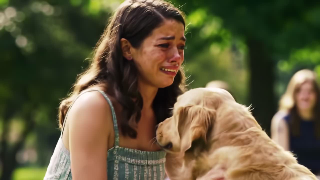 A Heartfelt Reunion: A Young Woman Overwhelmed with Emotion as She Embraces Her Golden Retriever After a Long Separation, Surrounded by Friends