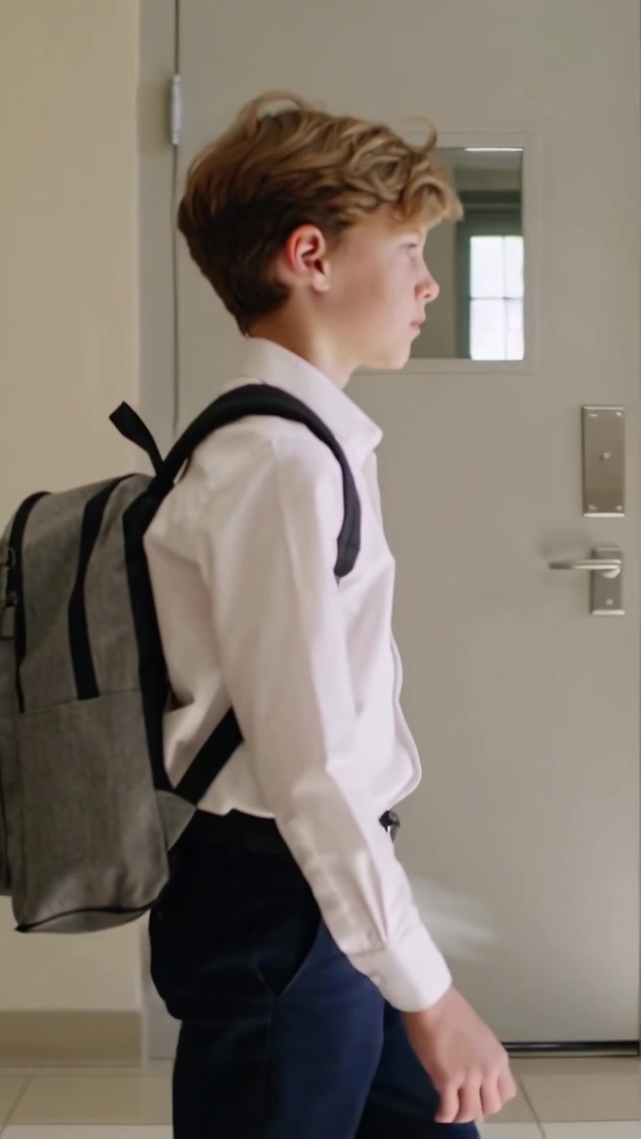 Video verticale: Ragazzo che cammina con maglietta bianca, pantaloni scuri e zaino grigio, diretto a scuola attraverso l'atrio.