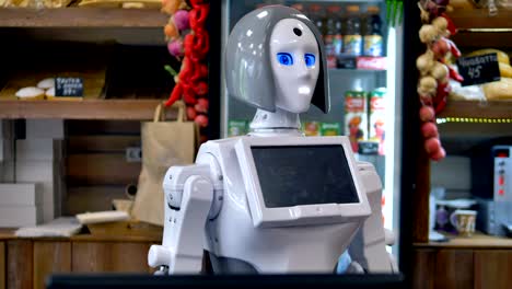 a robot works at the bakery counter.