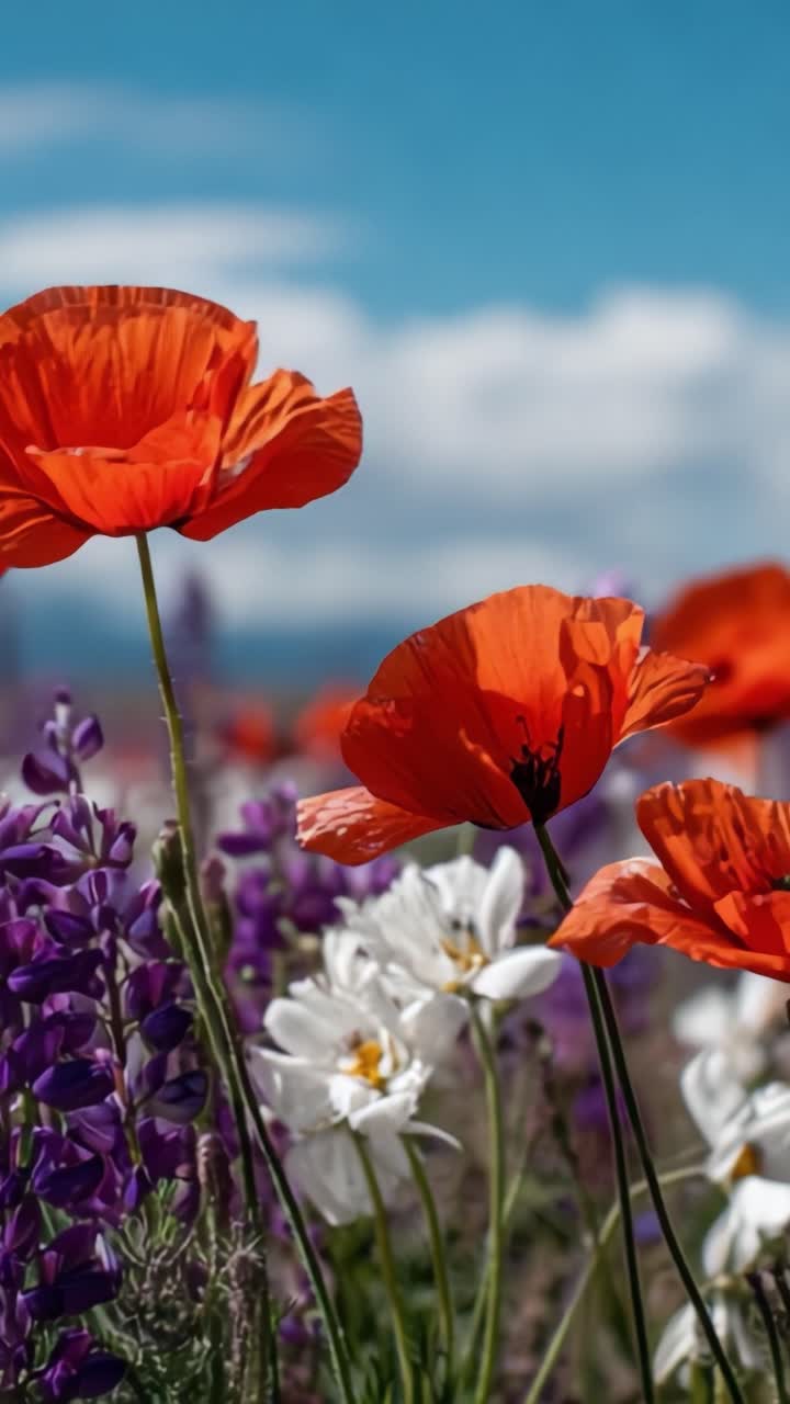 Una vibrante esposizione della natura: papaveri colorati e fiori selvatici sotto un cielo azzurro brillante che mostra la bellezza delle fioriture primaverili in tutto il loro splendore.