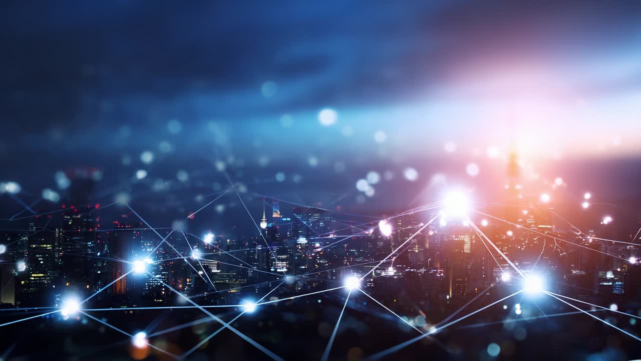 A Captivating View Over a Luminous Urban Skyline at Twilight, Highlighting the Interconnection of Technological Networks and City Lights, Perfectly Illustrating the Fusion of Nature and Innovation