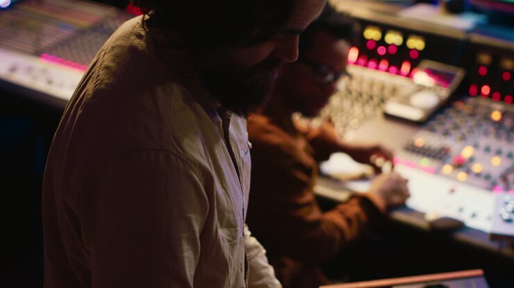 Musicista che suona il controller midi del pianoforte nella sala di controllo dello studio di registrazione