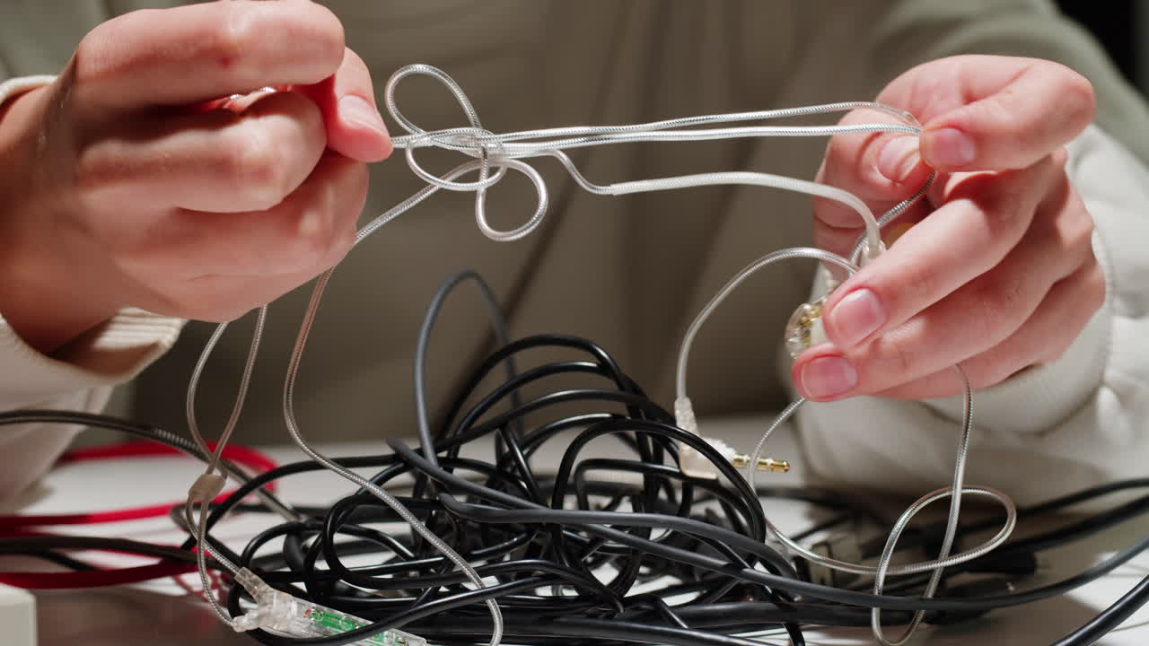 Person untangling tangled cables