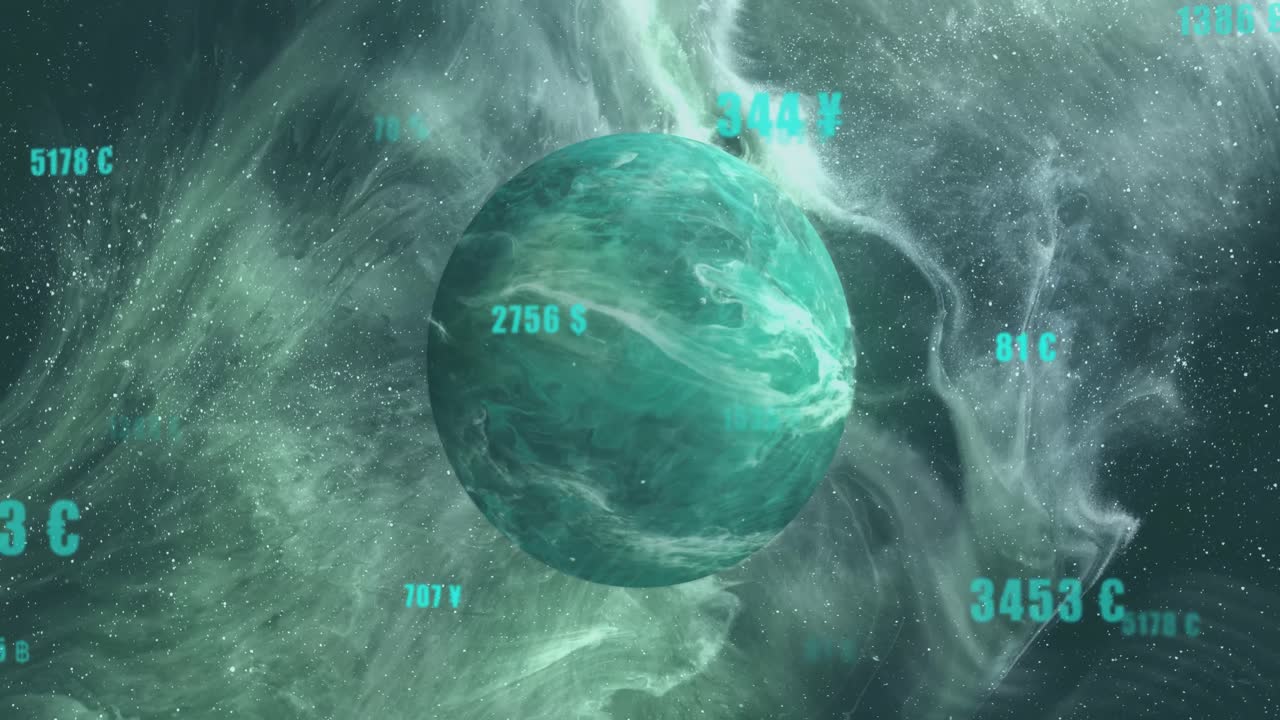 анимация чисел и обработка данных на земном шаре на темном фоне