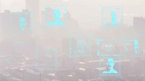 Animation-of-multiple-profile-icons-floating-against-aerial-view-of-cityscape