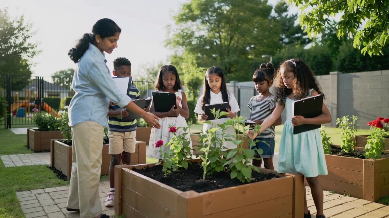 Pointing teacher in blue top guiding five kids at school using tablets, raised beds recording notes
