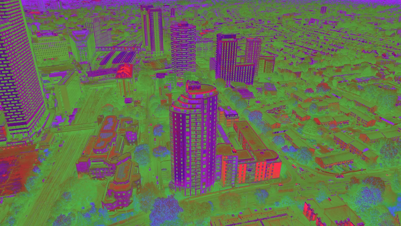 Thermal city landscape aerial view of surreal futuristic skyline surveillance monitoring technology