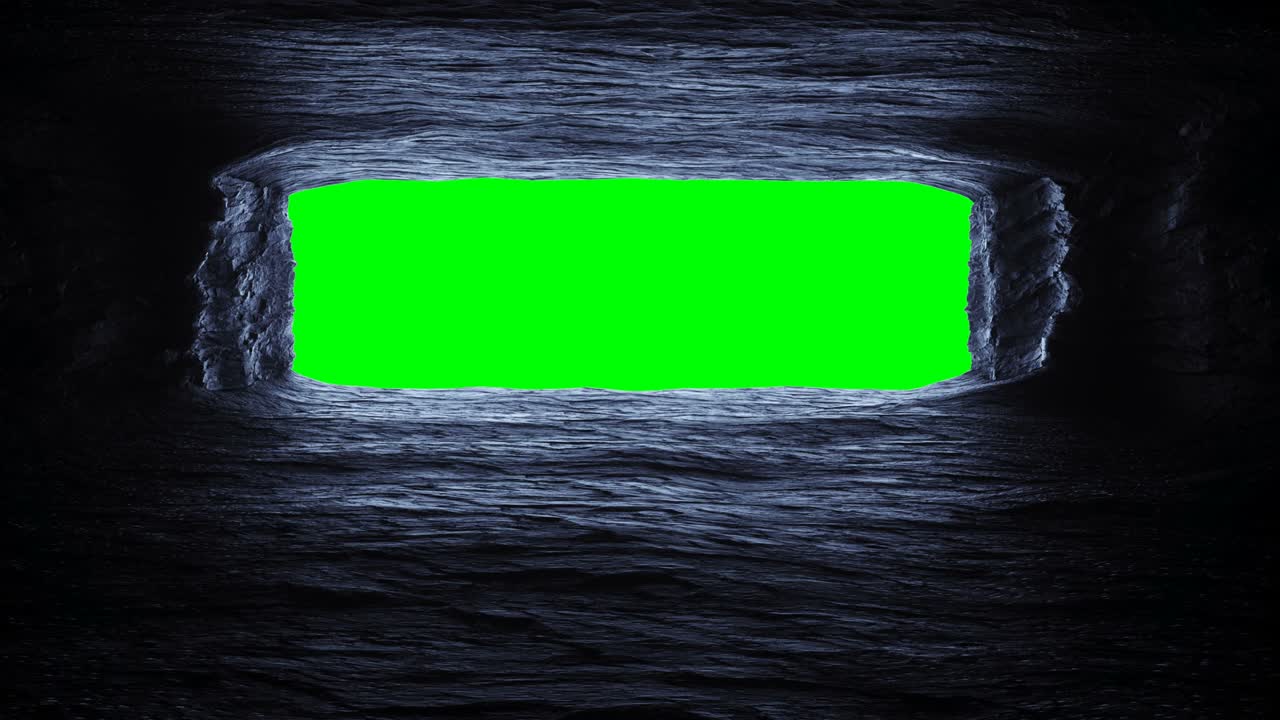 바위에서 날아가는 미래의 동굴, 코리더, 현실적인 녹색 스크린 4k 애니메이션