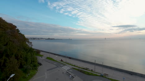 aerial pan right towards esplanade and seaside boulevard of gdynia