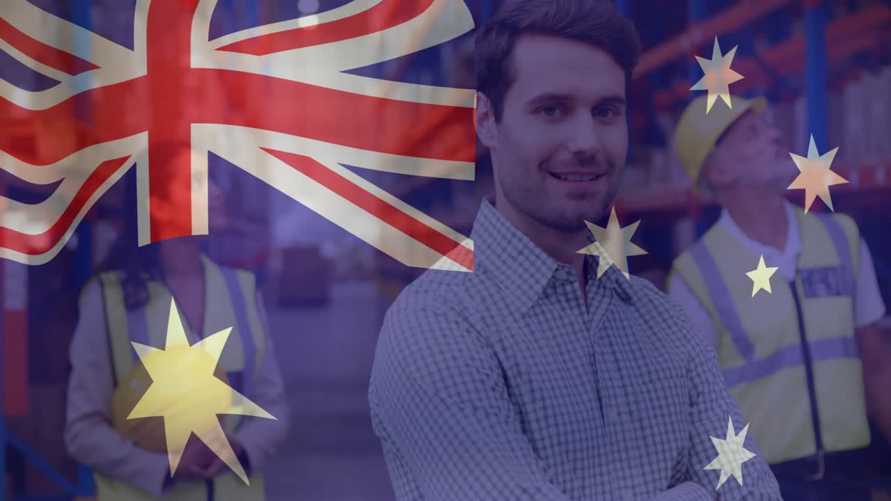Fading Australian flag overlay revealing warehouse manager shifting while team inspecting racks