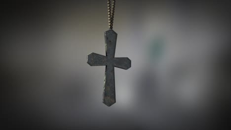 high quality close up render of a plain tarnished pewter christian crucifix artifact swinging slowly on the end of a neck chain, with super shallow depth of field abd bokeh background