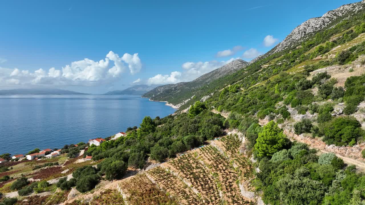 은 여름날에 펠제자크 반도의 산과 해안선.
