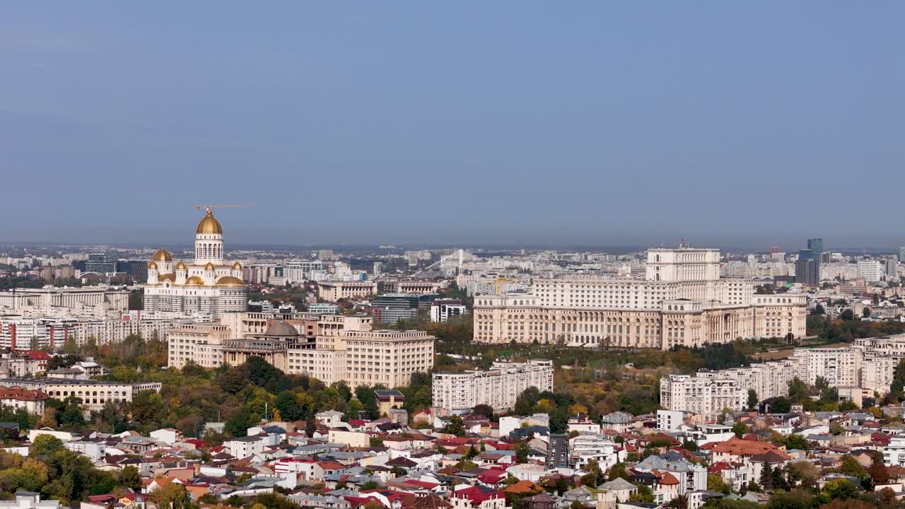 Aerial View Over Bucharest's Cityscape, Palace of Parliament And The National Cathedral