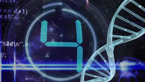 Animation-of-dna-strand,-countdown-with-network-of-connections