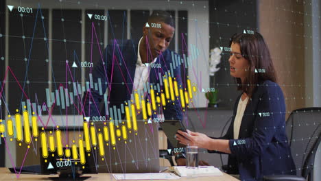 analyzing financial data, business professionals using graph animation in office setting