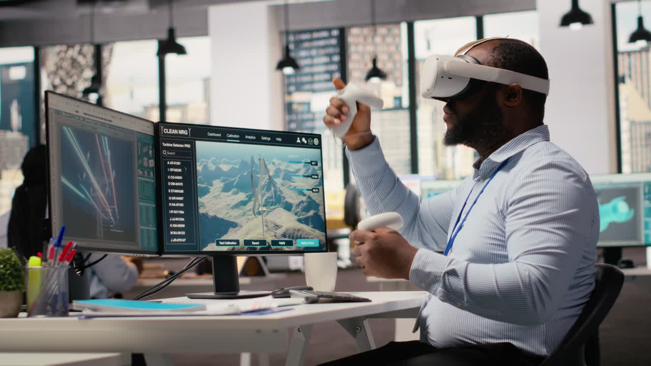 Engineer Using Virtual Reality Simulation To Do Clean Energy Technology Testing
