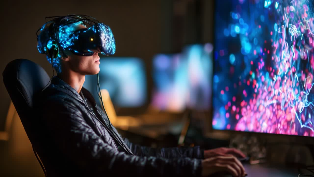 Immersive Virtual Reality: A User Engaged in an Interactive Digital World with VR Equipment, Surrounded by Vibrant Visual Effects and Advanced Multimedia Technology