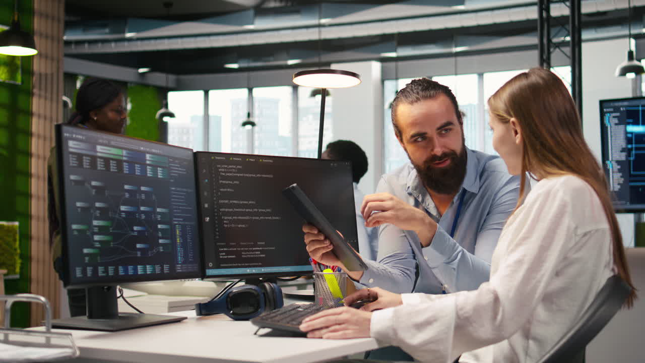 Mentor Teaching Young Employee To Troubleshoot Software Errors Using Ai