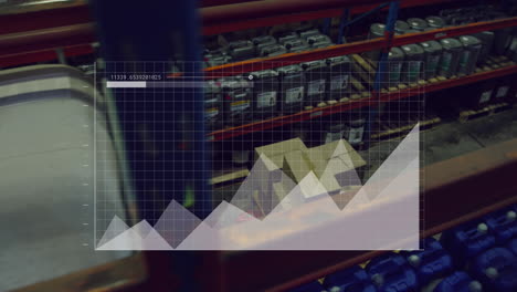 animation of statistical data processing against aerial view of diverse workers working at warehouse