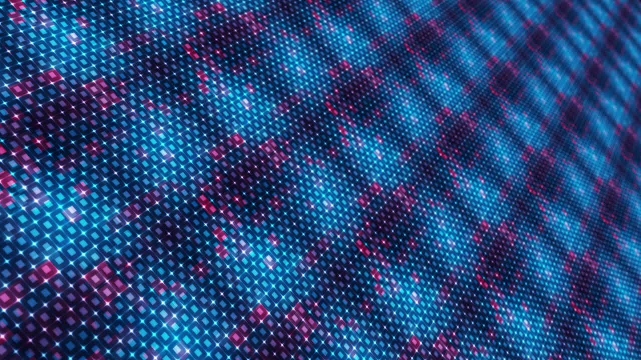 4k 추상 디지털 기술 빨간색 파란색 그리드 모자이크 픽셀 타일 패턴 루프 모션 3d 관점 박이는 작은 박거리는 박이 빛나는 사각형 하이테크 미래 커뮤니케이션 배경
