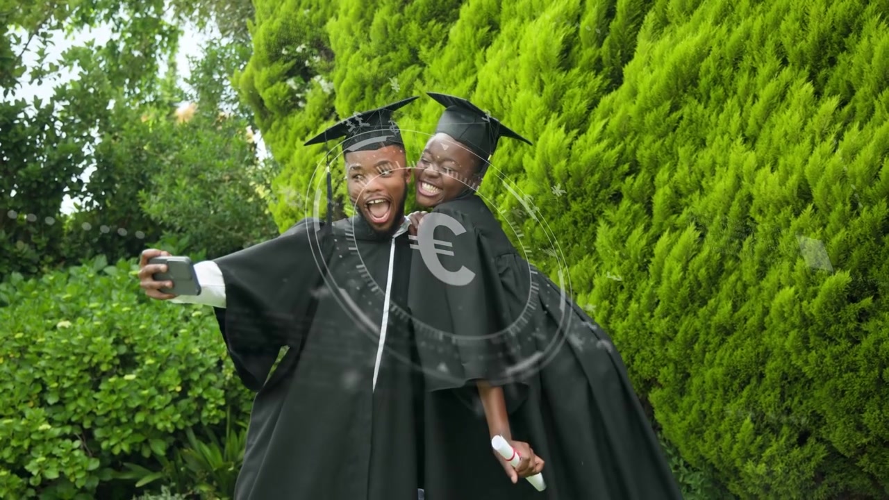 Woman and man checking diplomas, posing for selfies by hedge, man lifting phone, marking graduation
